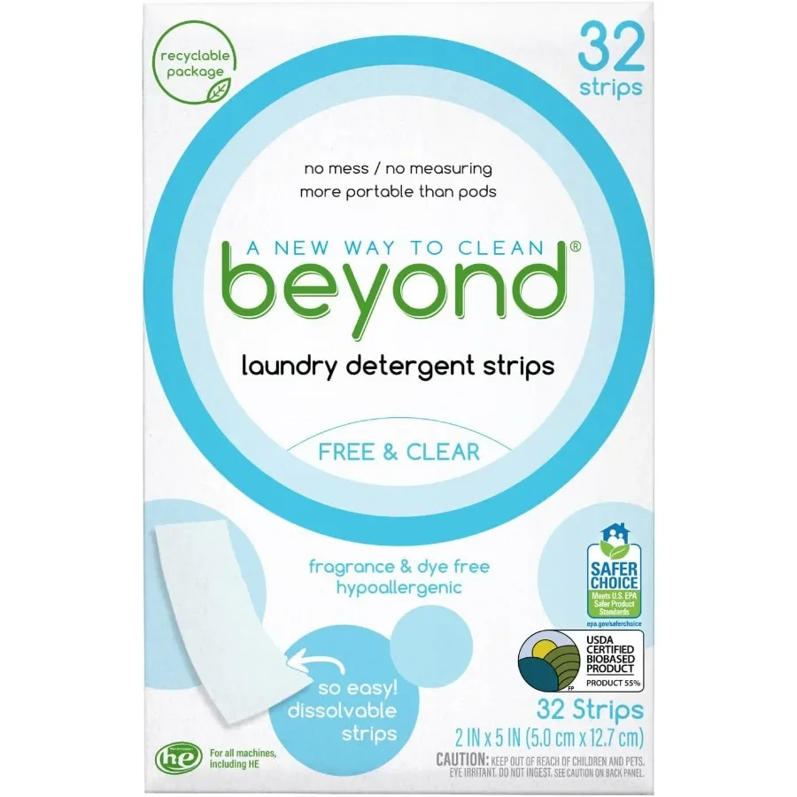 

Экологичные полоски для стирального порошка [32 шт.] — гипоаллергенные и безопасные для путешествий, растворяющиеся листы для семей чувствительной кожи.