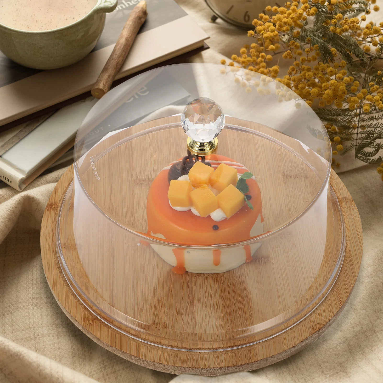 

1 set Acrylic Cake Cover Transparent Lid Round Food Display Dome Stand Bamboo Tray Included Dust Proof Cover For Cakes Pastries
