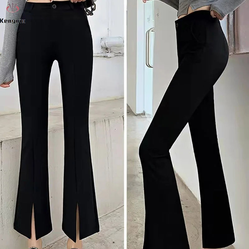 

2023 Spring/Summer Plus Size 6XL Women's Trousers High Waist Flare Pants Lady Opening Anklet-Length S-6XL Female Capris KE3211