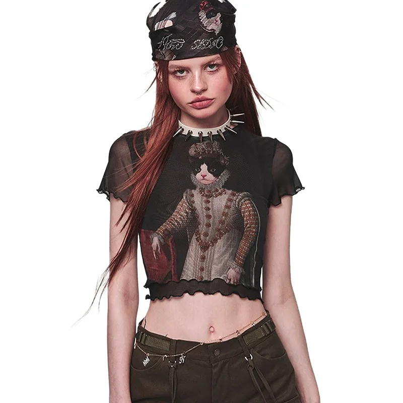Women's Sexy Cat Print Mesh Top, Summer Fashion Trendy Y2K Cute Chic Blouse for Women