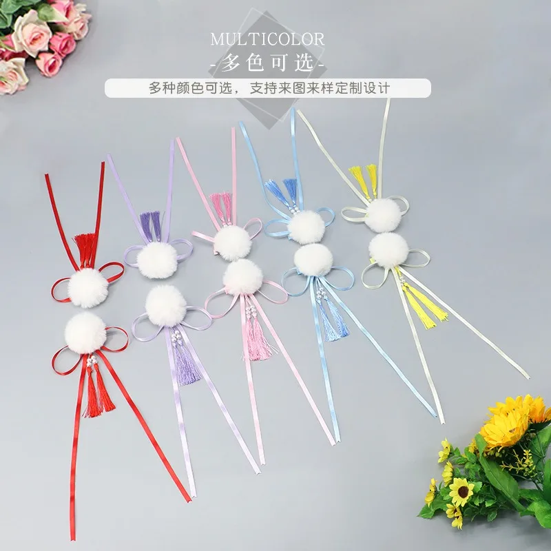 새로운 중국어 술 헤어 클립 로리타 소녀 헤어 리본 Bobbles 자용 리본 헤어 클립 플러시 볼 머리핀 Hanfu 헤어 액세서리