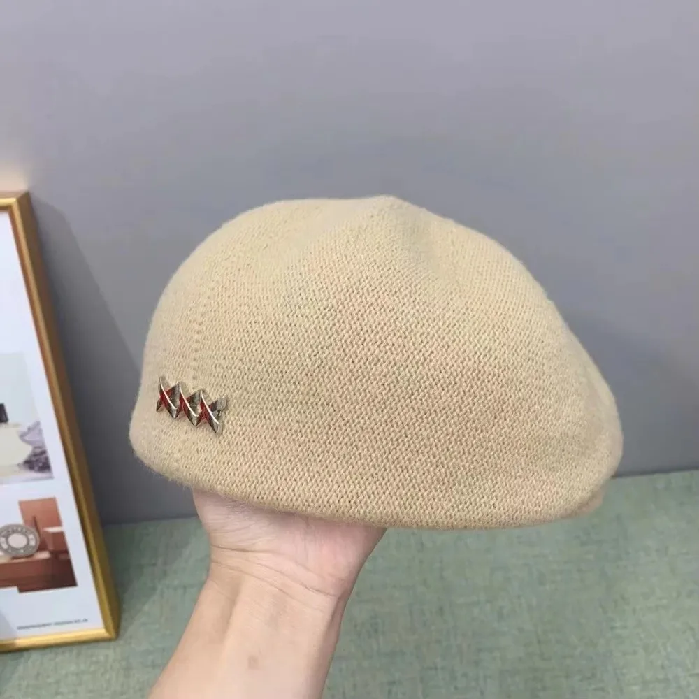 

Retro Knitted Woolen Berets Solid Color Metal Label Artist Cap Windproof Korean Style Octagonal Cap Outdoor