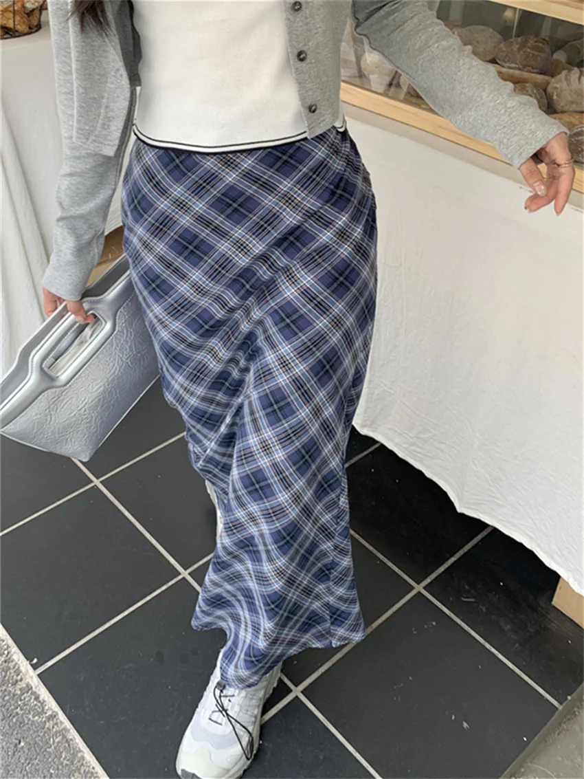 Alien Kitty Women Trumpets Summer Plaid Long Skirts 2023 Slim Chic High Waist Casual Office Lady Streetwear Vintage Mermaid OL