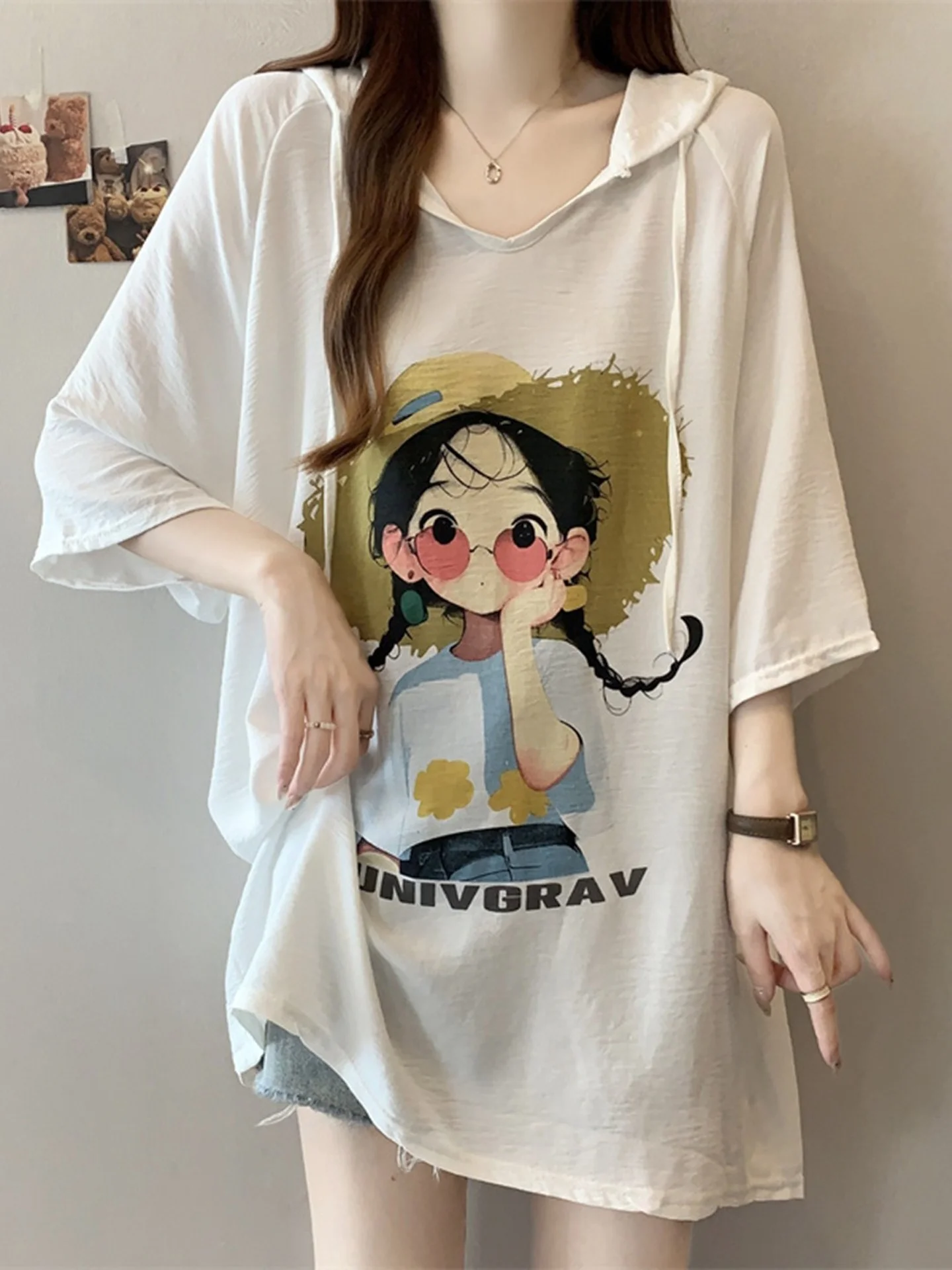 Ice Silk Quick Dry Hooded Short Sleeve T-Shirt Women's Summer Thin Loose Medium Length Butt Covering Top Korean Style Casual ...