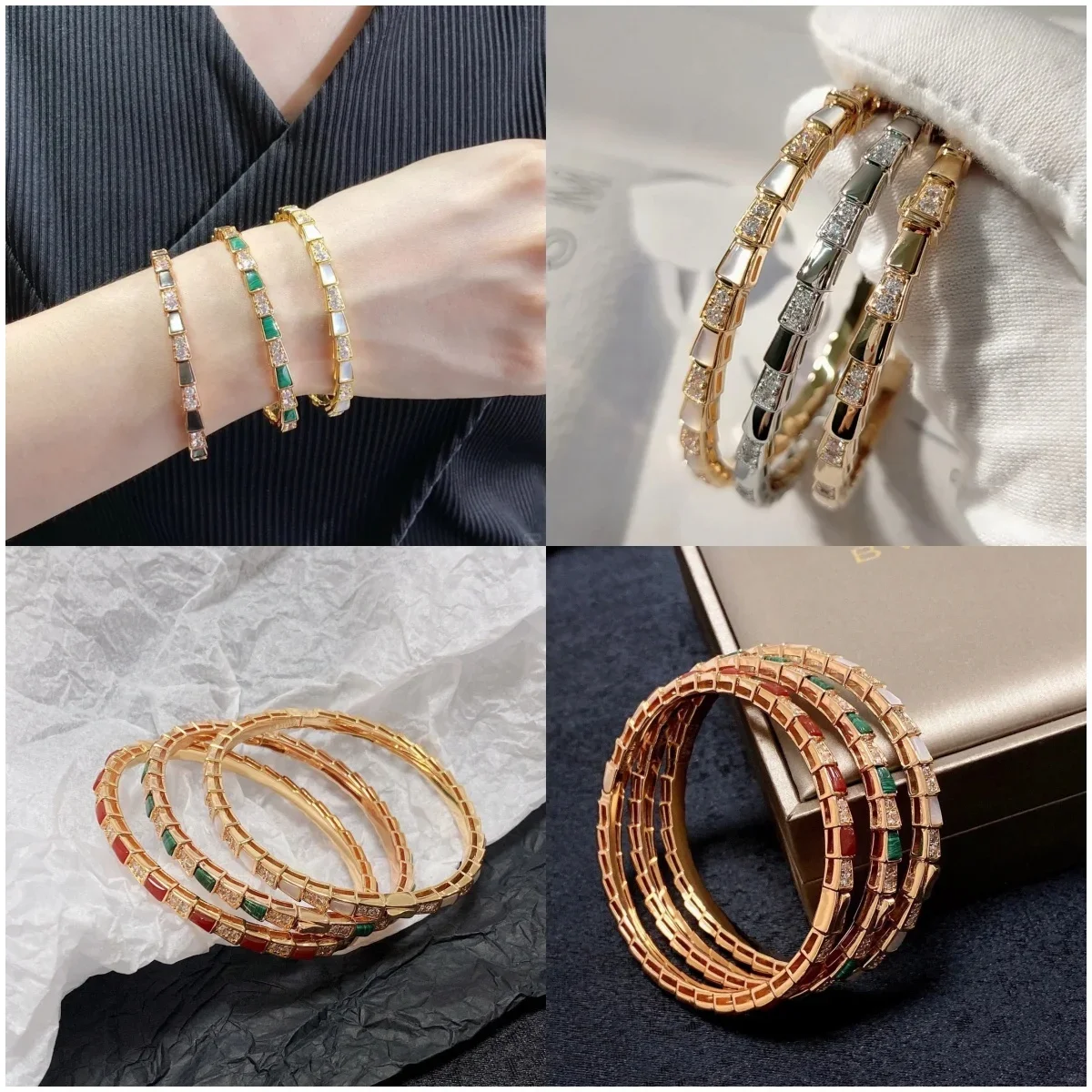 2024 High-Quality Luxury Serpenti Viper Collection: 18K Rose Gold Bangle with Red Malachite