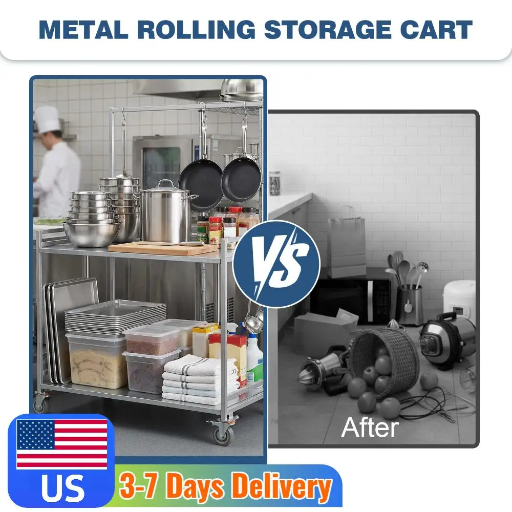 

2 Shelf Rolling Cart Foldable Workbench with Wheels 660lbs Capacity with Handle for Warehouse/Garage/Cleaning/Manufacturing