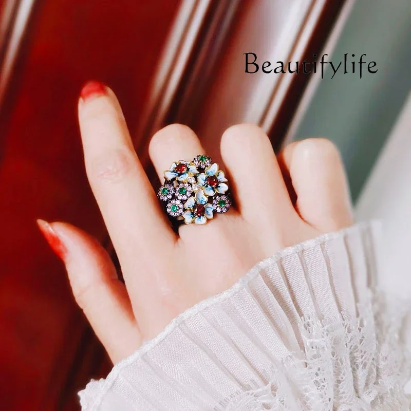 Light luxury exquisite niche blue flower drop glazed diamond ring designer high-end daily