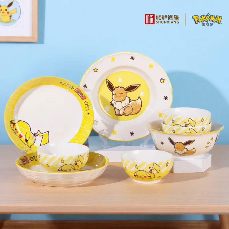 SHUNXIANG Pokemon Keramik-Geschirrset Niedliches Cartoon-Muster Suppenschüssel Teller Dinner-Sets Salat Pasta Mikrowellengeeignete Schüsseln Set