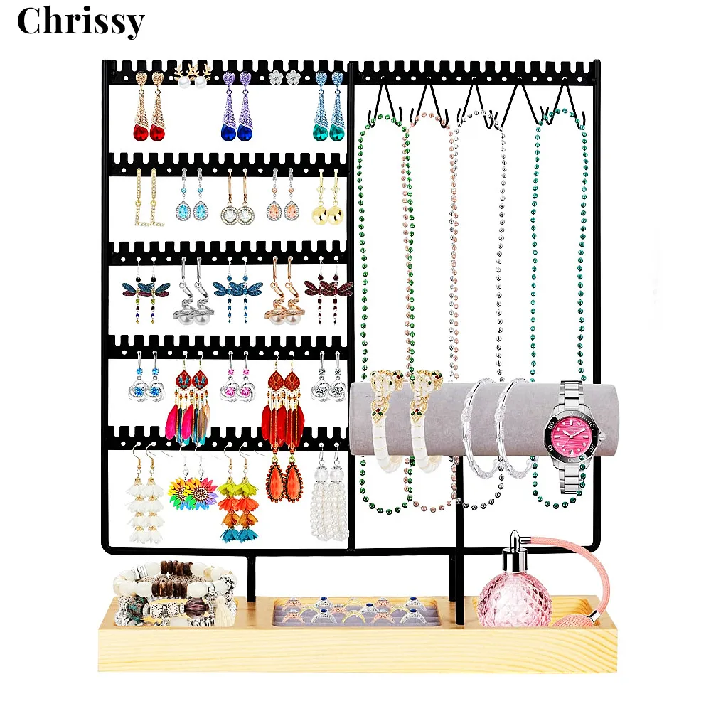 Jewelry Organizer Stand, 5 Tier Metal Earring Holder Rack with 108 Hole Stud Display, 12 Necklace Hook Storage Tree Tower