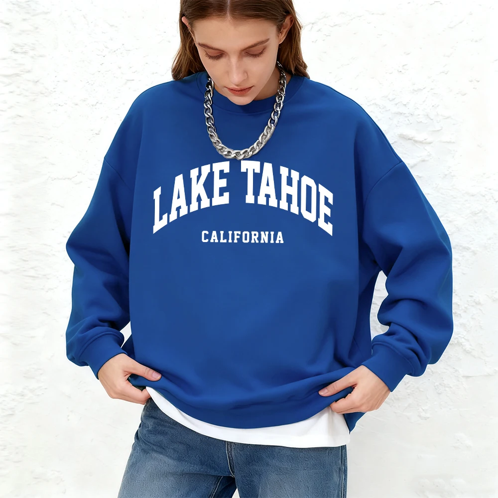 레이크 타호 캘리포니아 프린팅 여성용 스웨트셔츠 겨울용 따뜻한 조깅 후디 캐주얼 오버사이즈 크루넥 탑스 스포츠 여성복