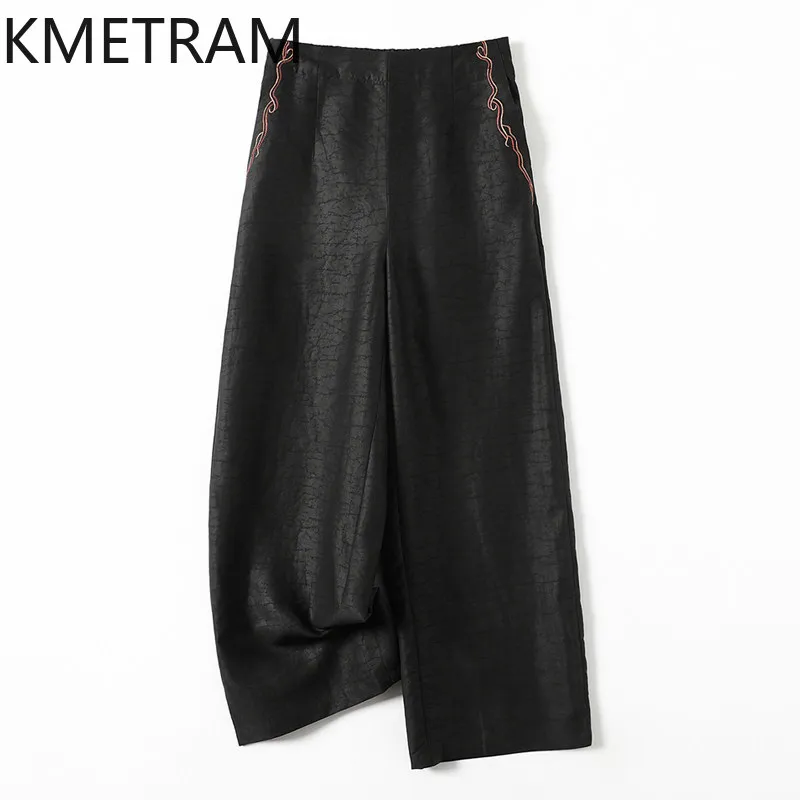 KMETRAM 100% Real Mulberry Silk Women Pants 2026 Summer High Waist Elastic Waist Long Wide Leg Pants Female Clothes Ropa Mujer