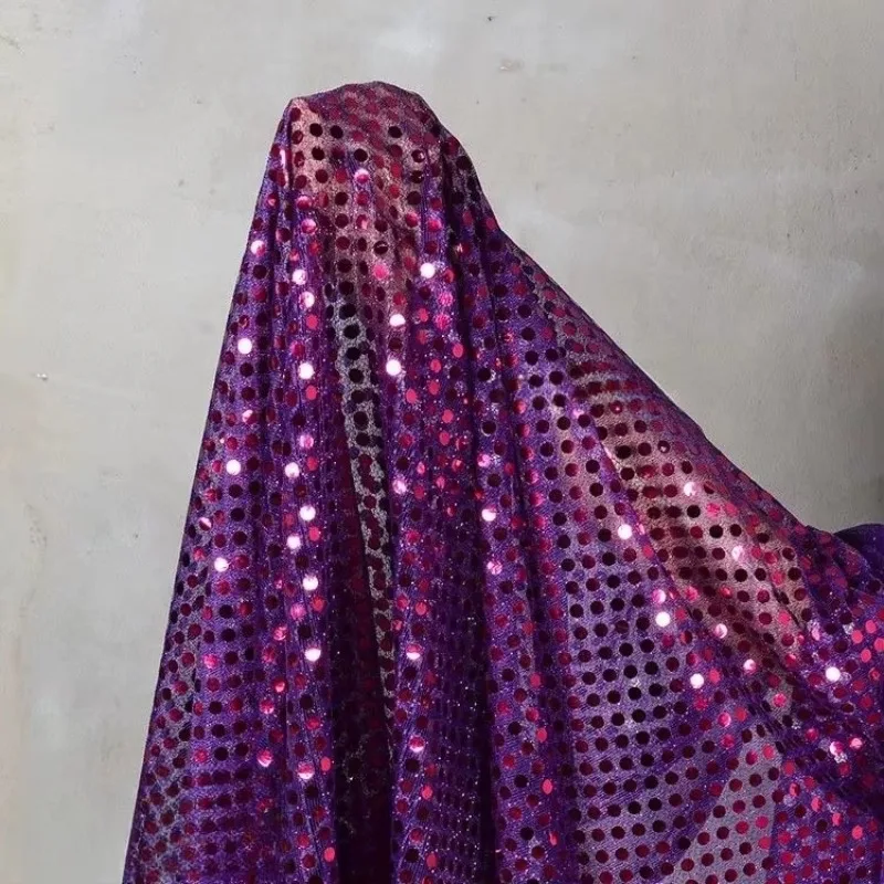 

Purple sequin gold embossed large glitter round bead net fabric for dance costume stage wear doll dress DIY decorative fabric