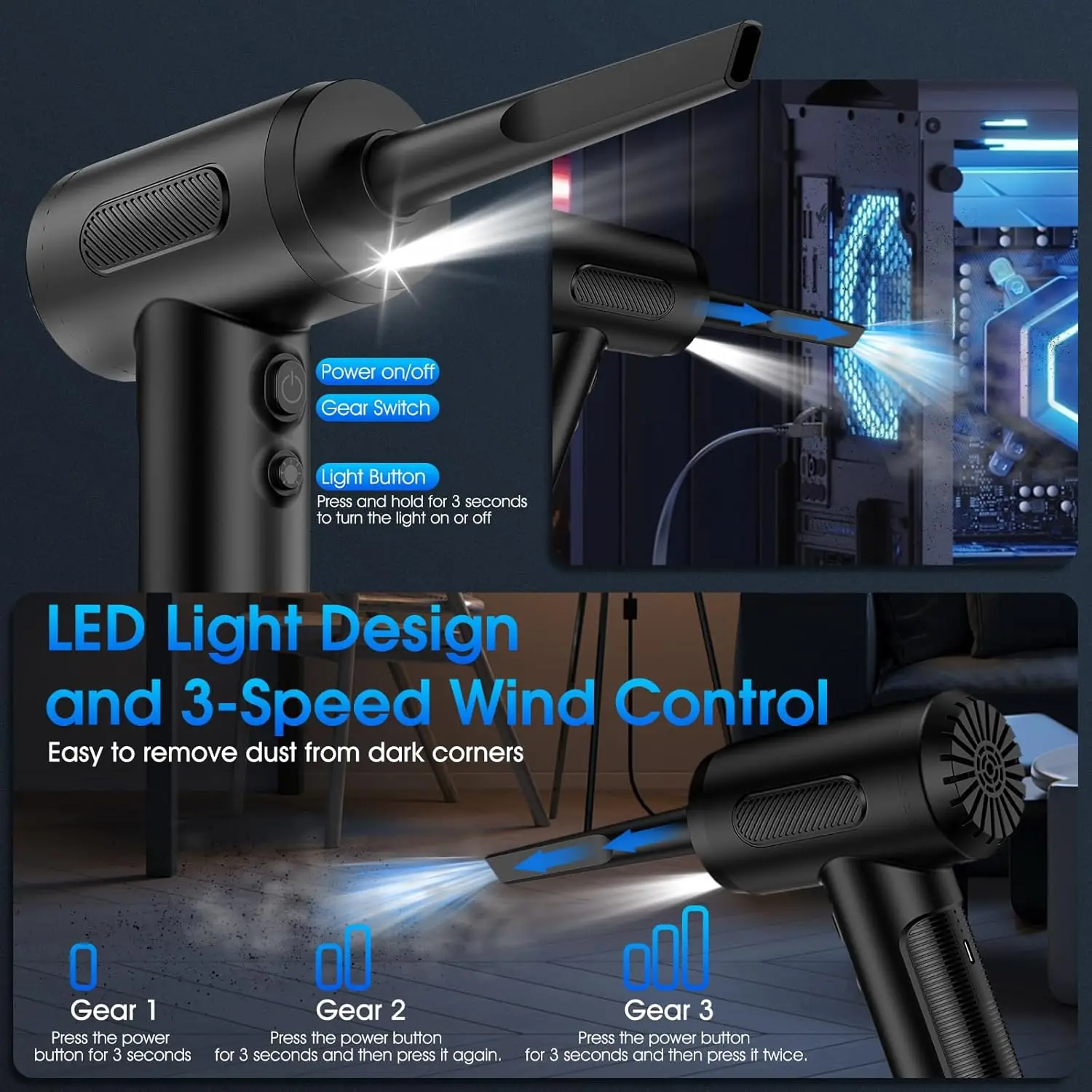 منفاخ هواء مضغوط 100000 دورة في الدقيقة منفاخ هواء كهربائي محمول ومكنسة كهربائية للسيارة، منظف لوحة مفاتيح قابل للتعديل بثلاثة تروس مع ضوء LED