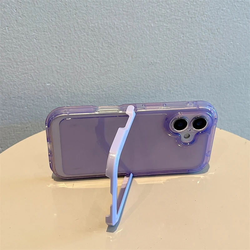 Simple Candy Color Foldable Holder Stand Case For iPhone 16 Pro Max 17 15 14 13 12 11 Clear Shockproof TPU Back Cover
