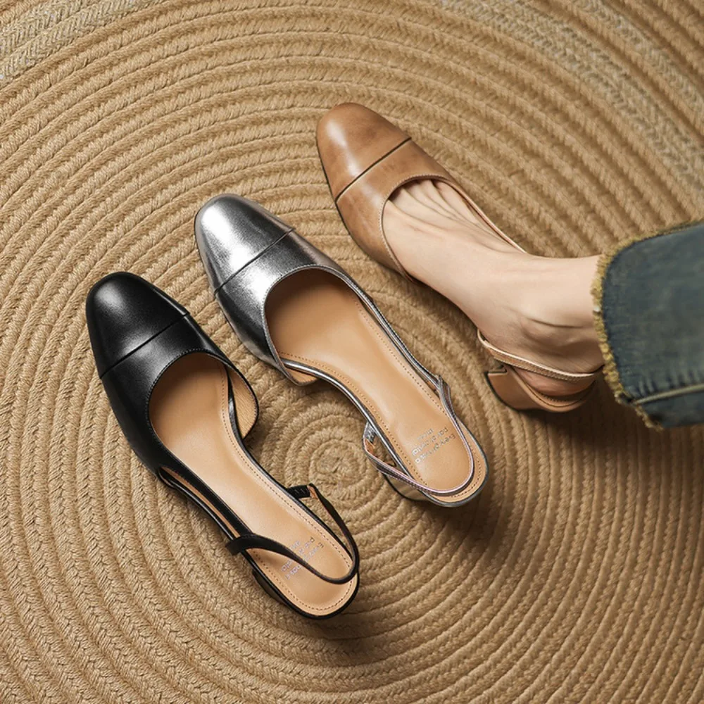 2026 Women's Stable Heel Sandals Genuine Leather Closed Toe Backless Solid Color Summer Casual Shoes