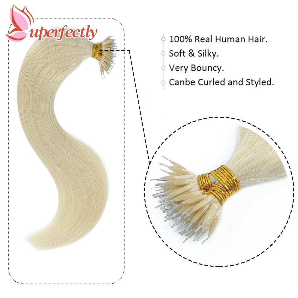 Extensiones de cabello liso con anillo Nano para mujer, cabello humano Real preadherido, queratina, extensión de cabello humano, 1g por pieza, 12-26 pulgadas