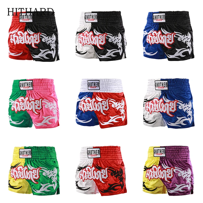 Muay Thai Shorts 2 Tones Boxing Shorts Men Women Child Embroidery Satin Kickboxing Pants Gym Cage Fight Grappling Training Wear