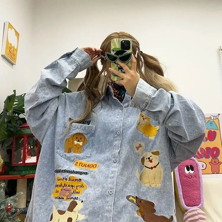 

Ретро-куртка из денима с вышивкой в виде американской мультяшной собаки, свободного кроя, с длинными рукавами, женская модная верхняя одежда из смесового хлопка на пуговицах