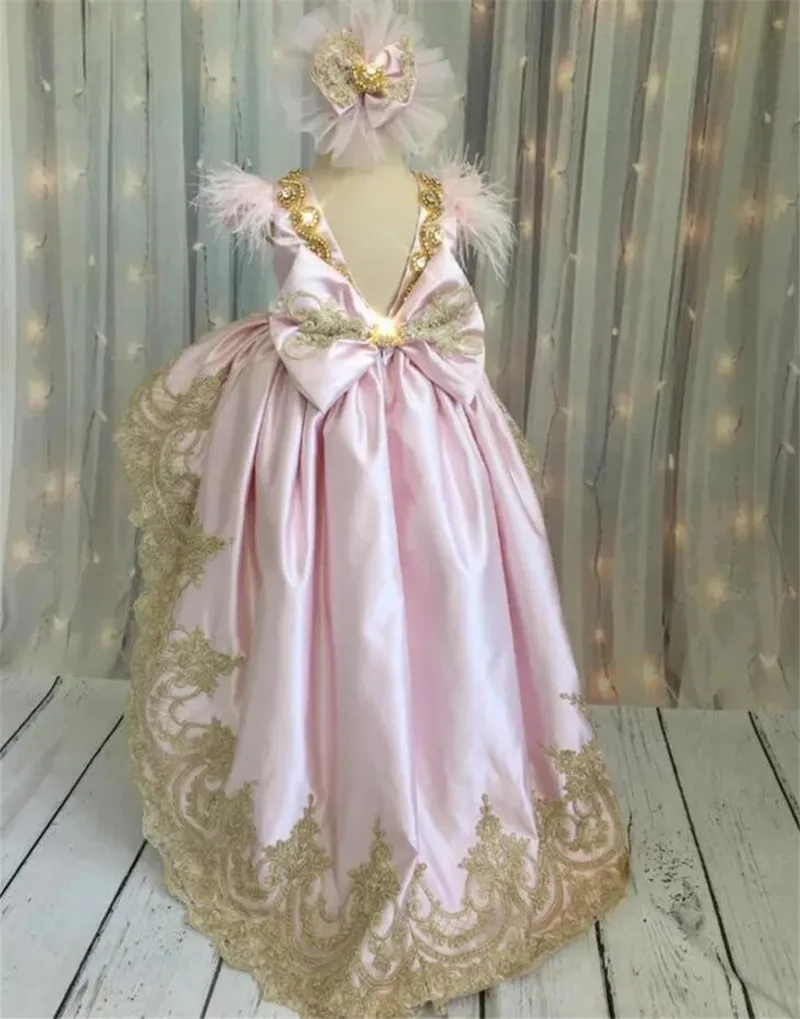 Vestidos hinchados de flores para niña, manga de plumas, Apliques de encaje, boda, evento, fiesta, cumpleaños, primera comunión