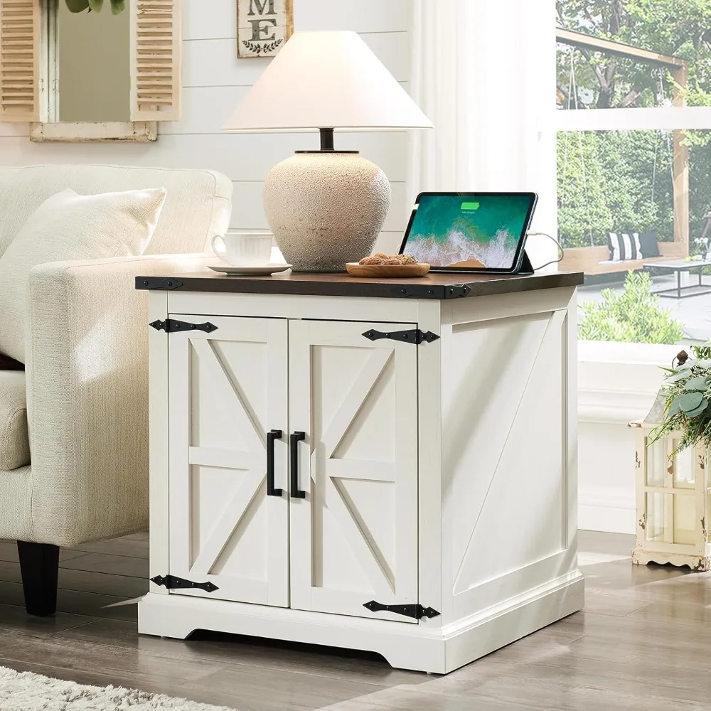 

Farmhouse End Table W/ Charging Station,Wood Square Nightstand Bedside Table W/ Adjustable Storage Shelf for Living Room,Bedroom