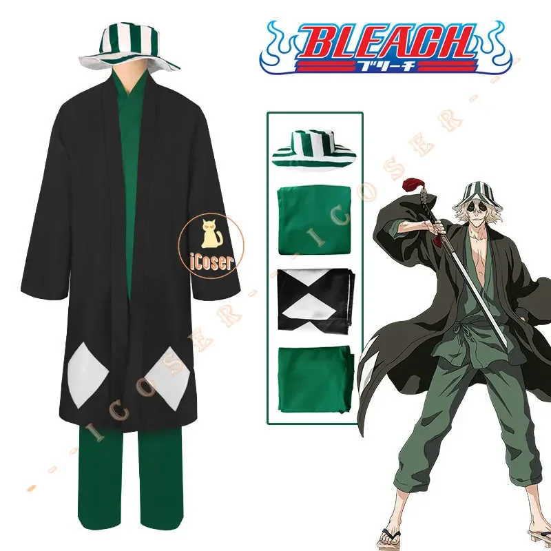 Anime Bleach Urahara Kisuke Cosplay Costume Wig Black Green Cloak Haori Outfit Bucket Hat Fan Thousand-Year Blood War for Men