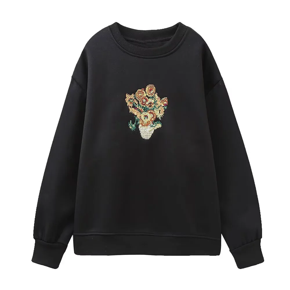 

2025 Winter New Women's Casual Fashionable Versatile Simple Round Neck Long Sleeve Sunflower Embroidered Sweatshirt