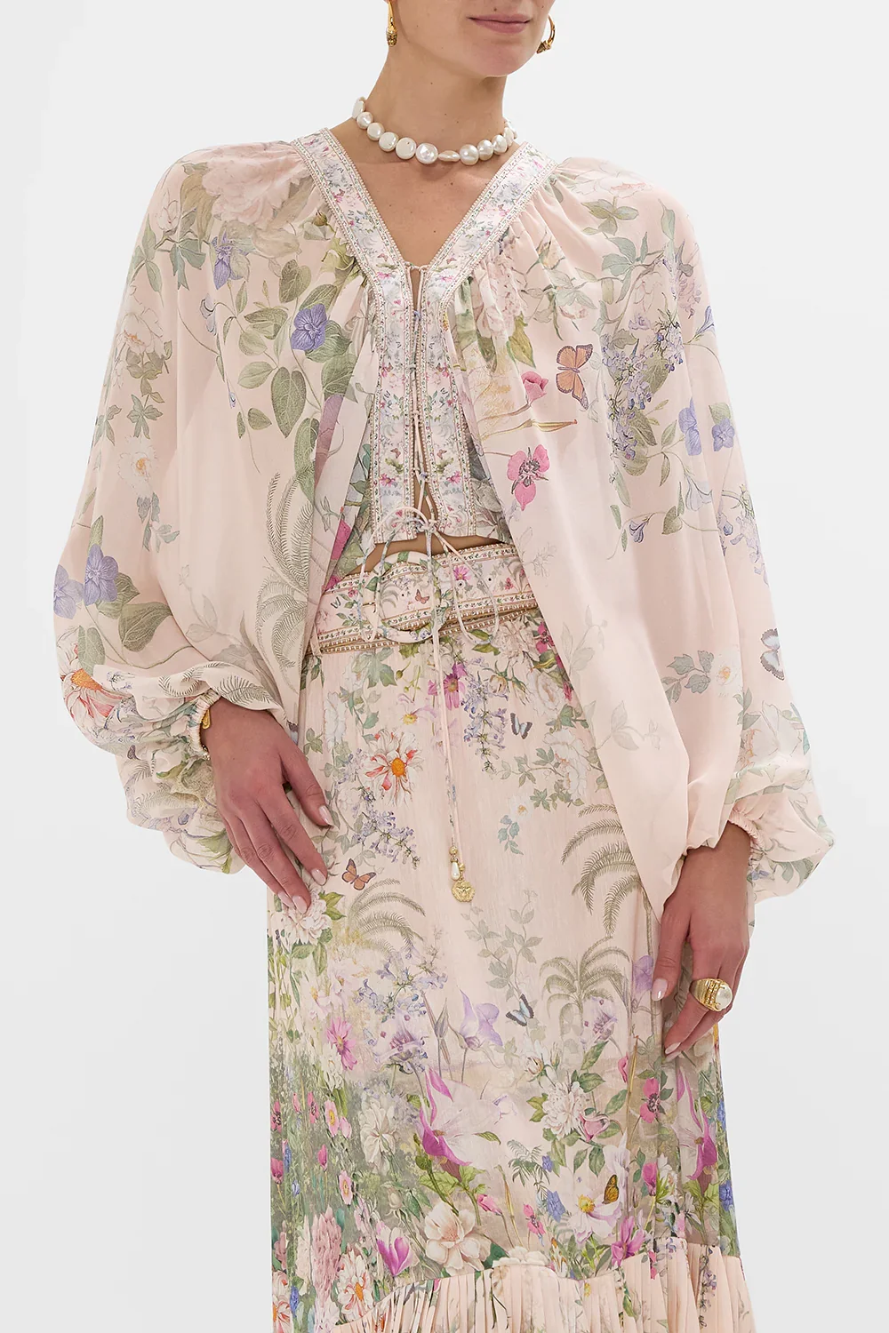 

100% Silk Ladies Crystal Beaded Shirt 2025 New Pink Flower Print V-Neck Batwing Sleeve Elegant Ladies Blouse