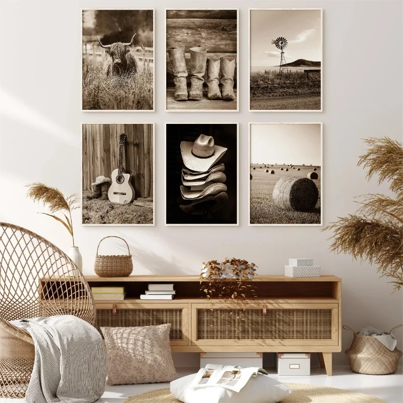 صورة منزل ريفي غربي ، ملصقات ومطبوعات بقر هايلاند ، فن جداري من قماش الكانفاس ، صورة لديكور غرفة المعيشة