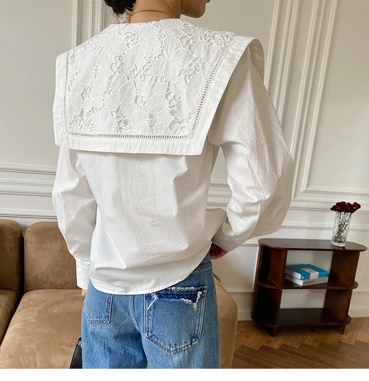 Floral Embroidey Neck Long Sleeve White Blouses shirts For Women Lace 100% Cotton Boho Casual Spring Summer Blouse Ladies Tops