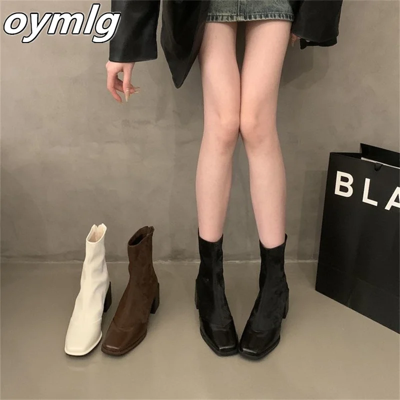 2024 autumn winter new square toe back zipper thick heel low cut short boots for women with back zipper high heels slim boots