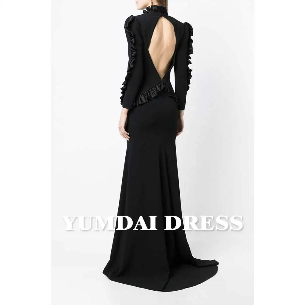 YUMDAI Luxury Dubai Black Crepe Evening Dress Elegant Peplum Long Sleeve Mother Gown Wedding Party Long Dress Stage Show Dress