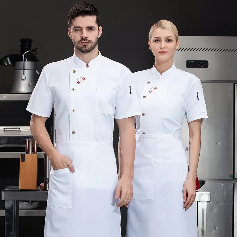 Uniforme de chef preto masculino, camisa de chef respirável de manga curta, restaurante, cozinha, jaqueta de chef preta, avental, roupas de trabalho, logotipo feminino