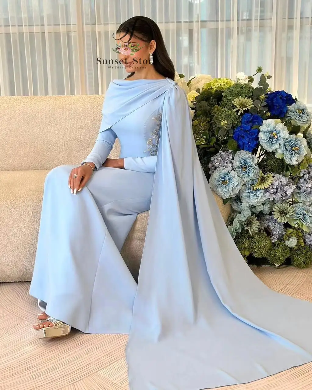 Customized Sky Blue Cape Sleeve Evening Dress Luxury Beaded Side Appliques Formal Gown For Women Wedding Guest Party Prom Long