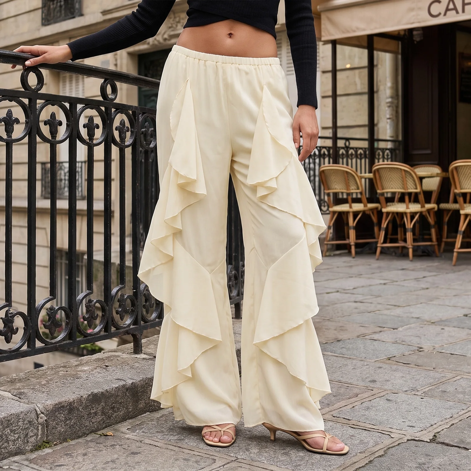 2027 Summer Women's Ruffled Pants Ladies Casual Loose Fit Elastic Mid Rise Wide Leg Trousers
