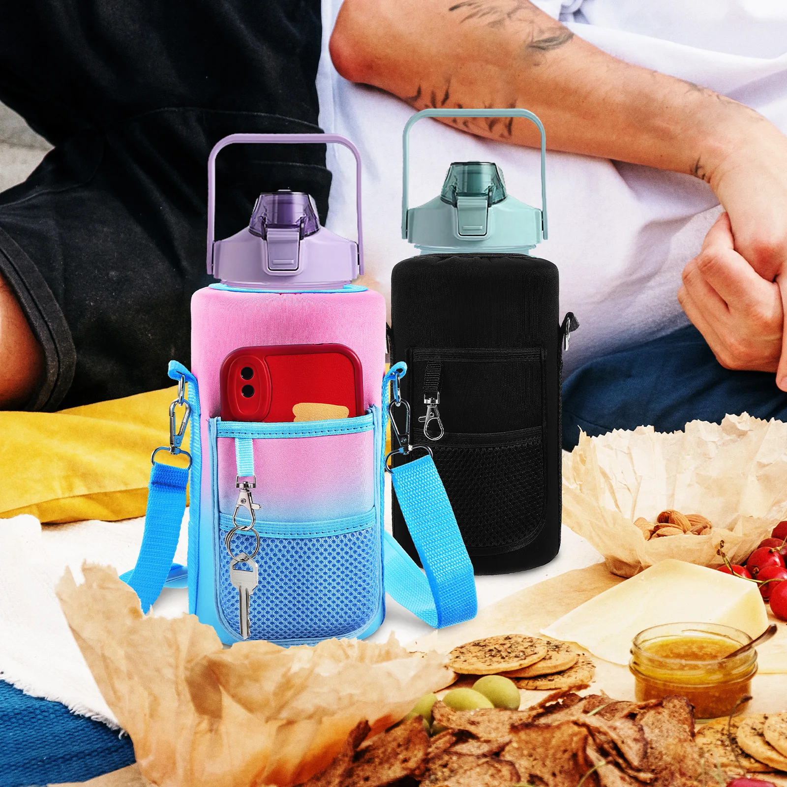 

2 pcs Water Bottle Carrier Bags Large Bottle Holder With Adjustable Strap Front Pocket Mesh Compartment For Gym Sports Hiking