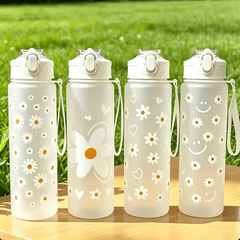 Gobelet à paille blanc givré, style Ins, motif petite marguerite, avec cordon de serrage, portable, adapté au fitness en extérieur, couvercle anti-fuite