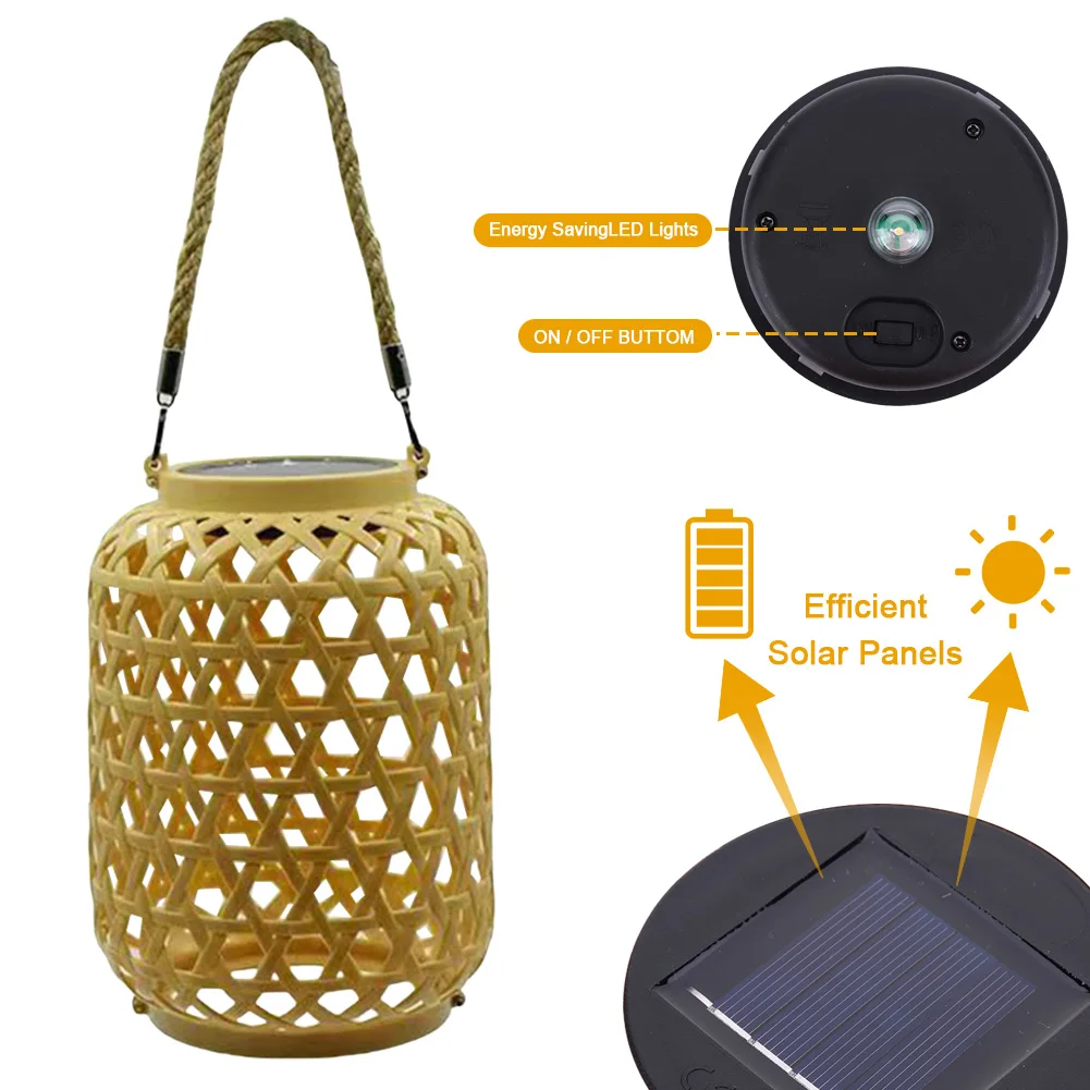 Solar Rattan Lantern Waterproof Natural Bamboo Solar Outdoor Light Solar Powered Retro Pendant Light for Yard Patio Lawn Pathway