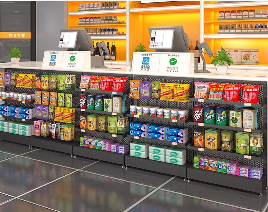 Supermarket cash register in front of the small shelf gum snacks hanging drugstore promotional display shelf