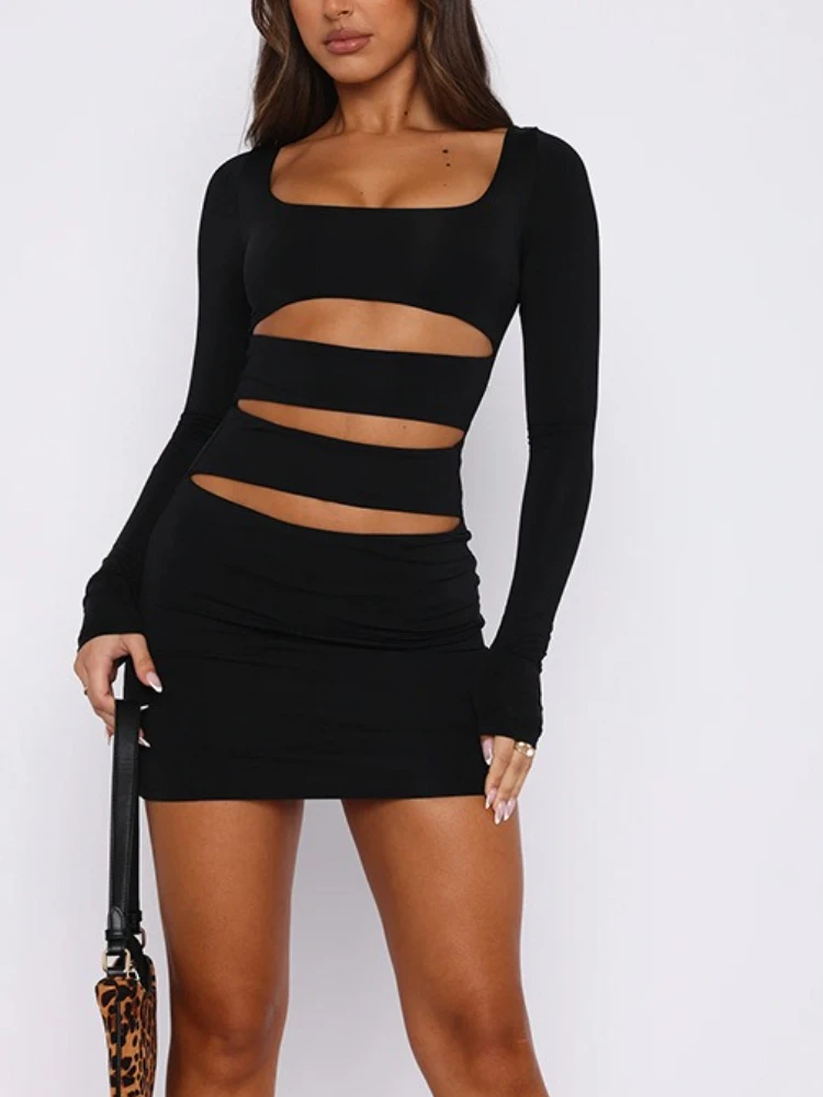 YUZHEXI Sukienka mini z dekoltem w kształcie litery U, z długim rękawem, wycięciem z przodu, damska, obcisła, krótka, czarna