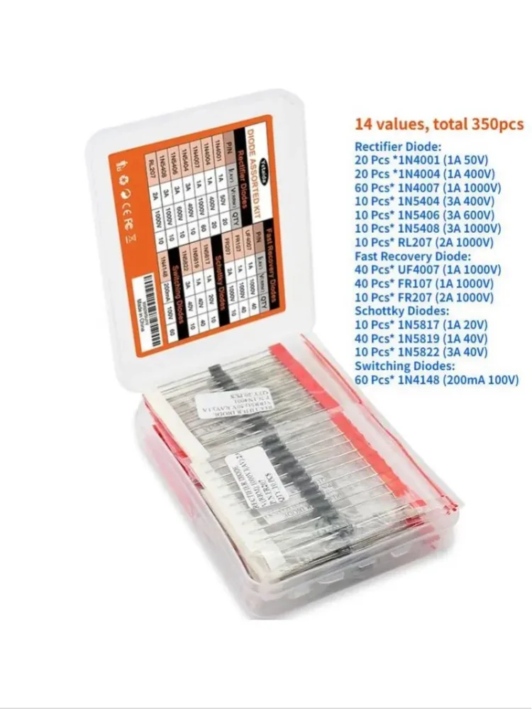 350-teiliges Dioden-Sortiment, 14 Werte, Gleichrichter, Schottky-Schnellrücklaufschalter 1N4001 1N4007 1N4148 RL207 UF4007 FR107 Kit-Box