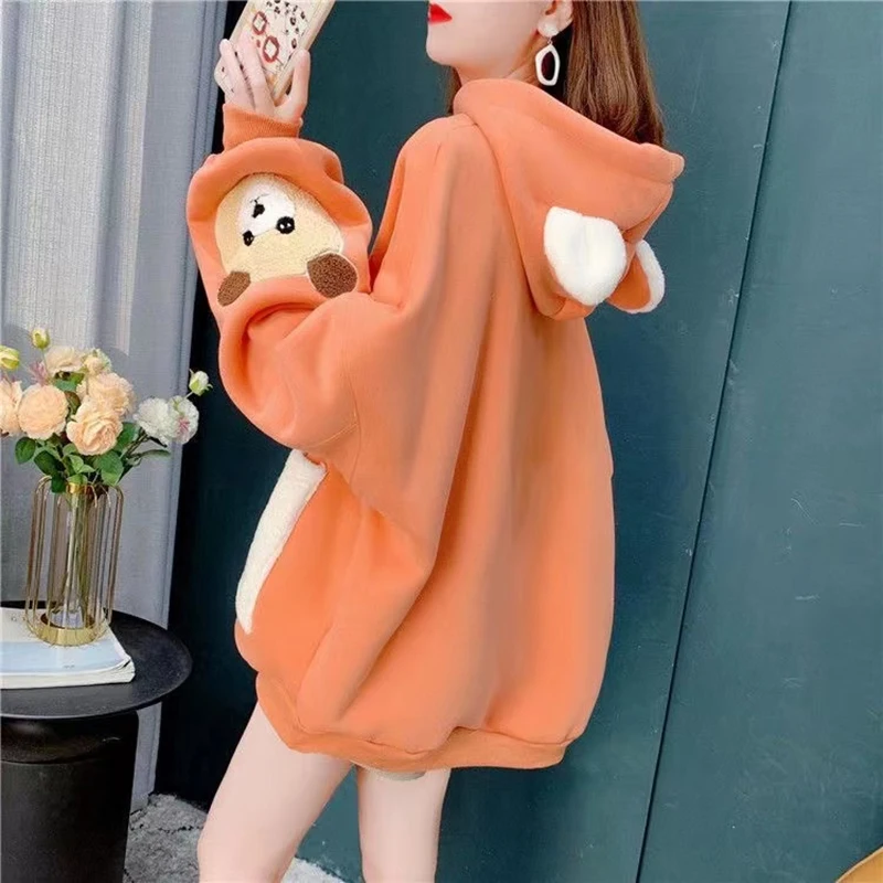 

Korean Cute Rabbit Ears Hooded Sweater For Women Autumn Winter New Loose Lazy Style Soft and Velvet Thick Pullover Jacket Female