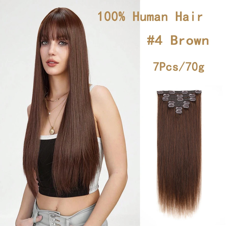 

Clip in Hair Extensions Real Human Hair 70g 7pcs Natural Hair Extension Remy Hair Soft No Tangling Hair Extensions Brown Clip In