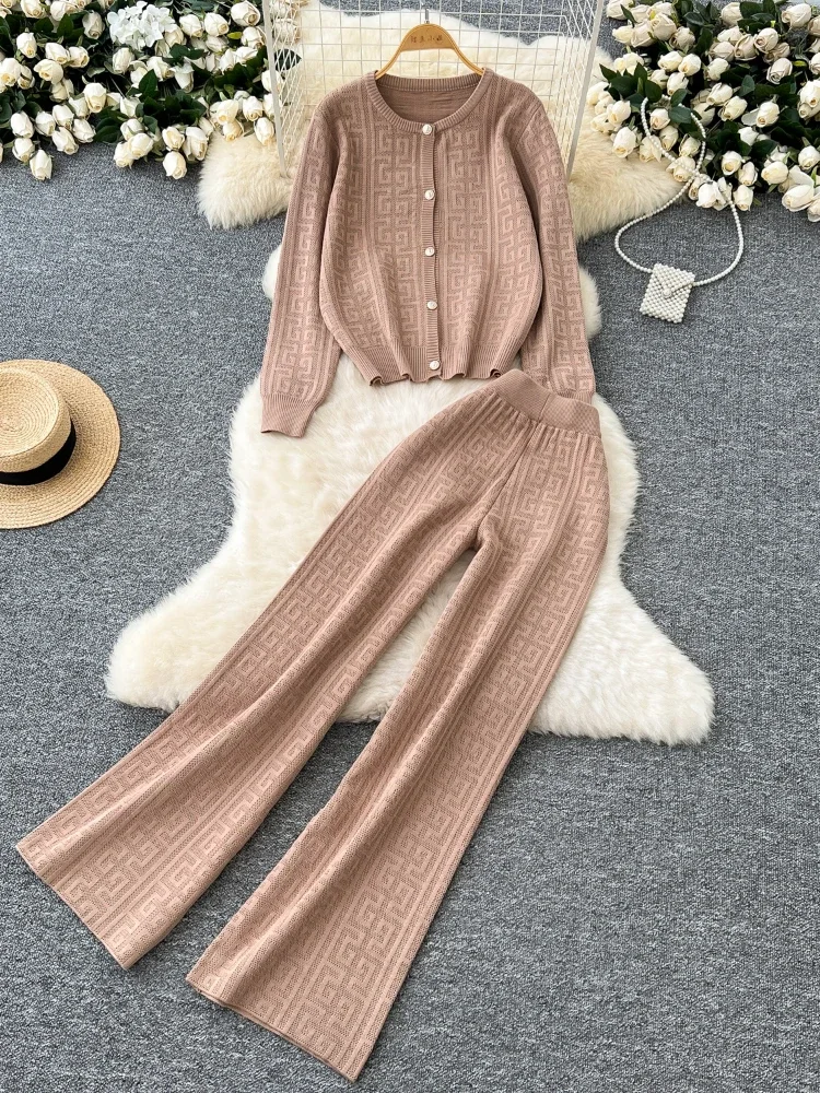 Autumn French Vintage Sweater 2 Piece Set Female Long Sleeve Cardigan+Elastic Long Pants Fashion Winter Office Lady Knitt Suit