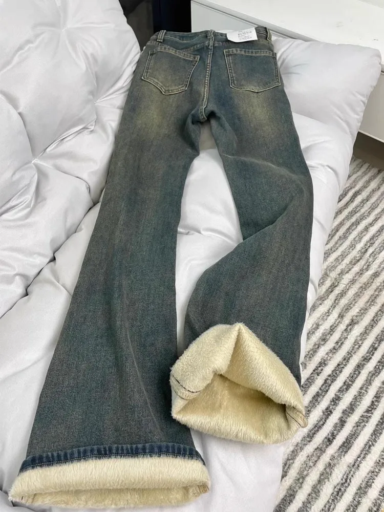 Retro azul Fce forrado Thiened Micro pantalones vaqueros acampanados mujer primavera otoño talla grande ocultar cadera adelgazante Bell Bot