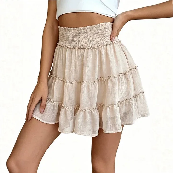 Women Pleated Ruffle Skirt Solid Elastic Waist Anti-Exposure Casual Midi Skirts Summer Spring