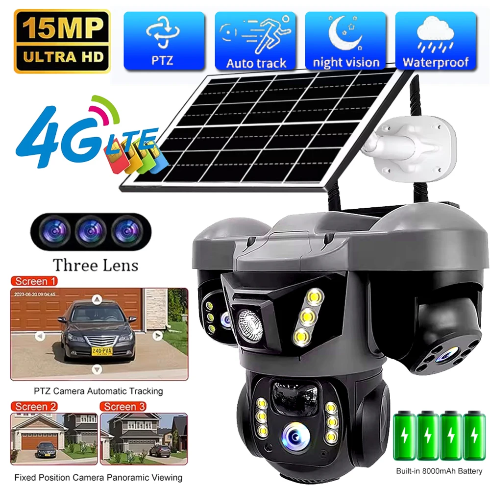 Telecamera solare 4G a 3 obiettivi Tri-lente Protezione di sicurezza Telecamere CCTV Video sorveglianza domestica intelligente esterna Visione notturna HD 15MP 8K