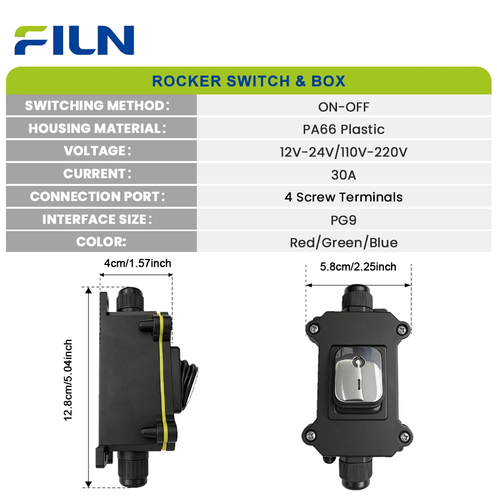 FILN 30A Stainless Steel Metal Switch with Waterproof Box 4 Pin Screw Terminal 12V 24V 110V 220V LED Inline Rocker Switch Set