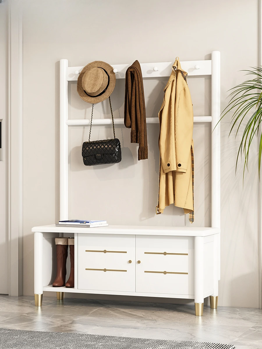 Modern simple white door solid wood coat rack Italian light luxury door stool can sit on the integrated hanger