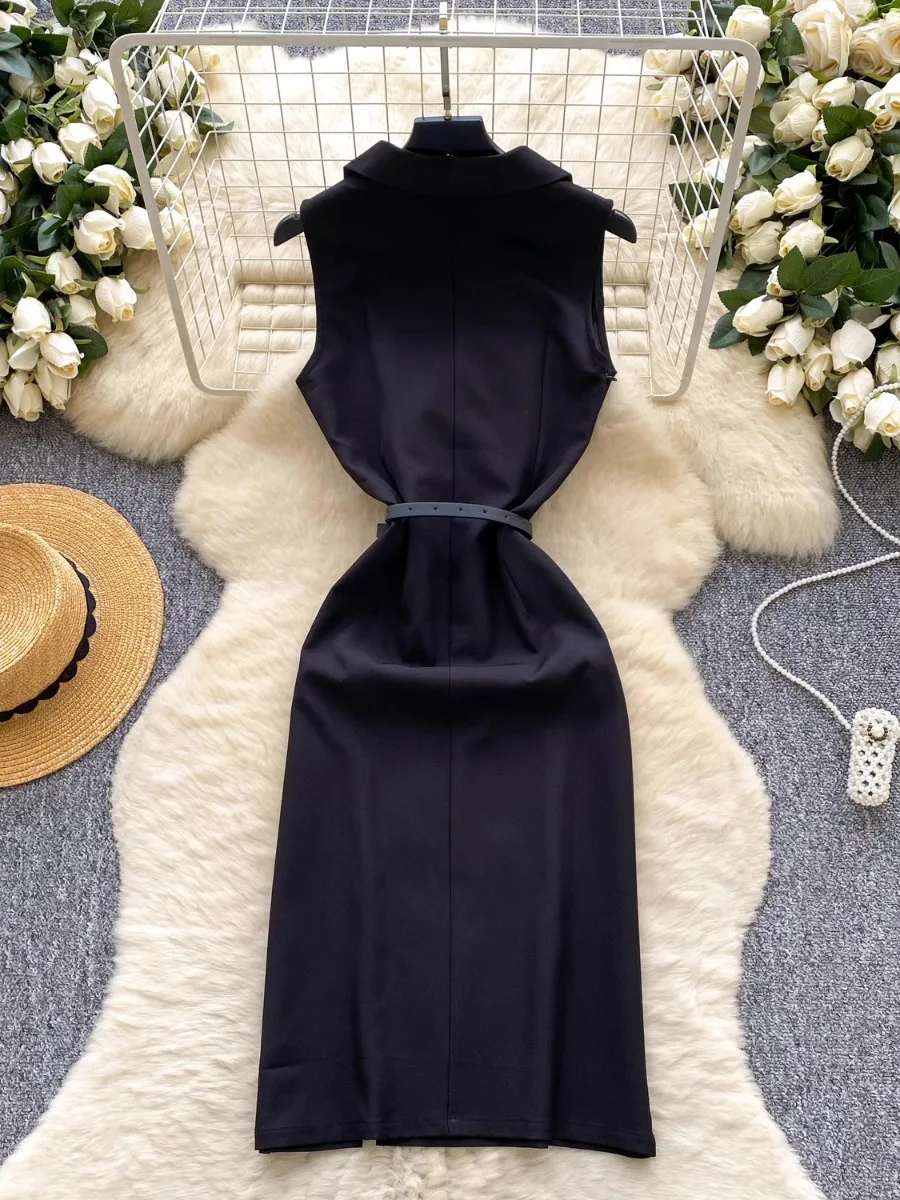Foamlina-vestido de lujo de estilo británico sin mangas para mujer, vestido de Color liso con abertura de solapa, vestido elegante ajustado Vintage para oficina OL