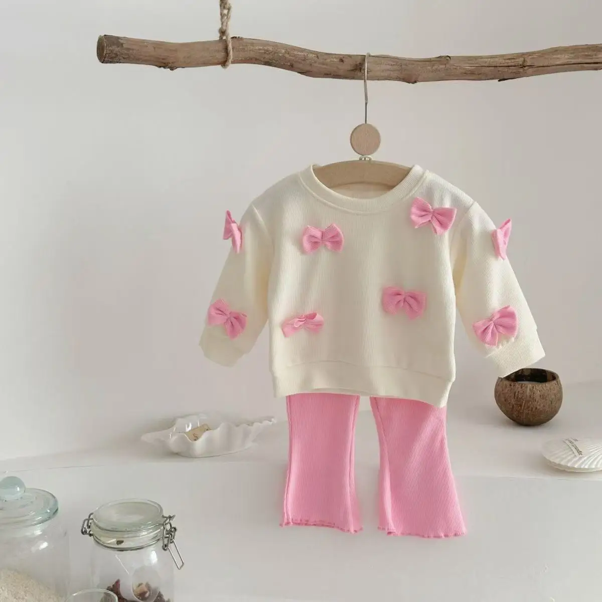 

6M-3Years Baby Girls' Clothing Set Spring and Autumn Children's Bow Round Neck Hoodie+Pink Bellbottom Pants Two-piece Set